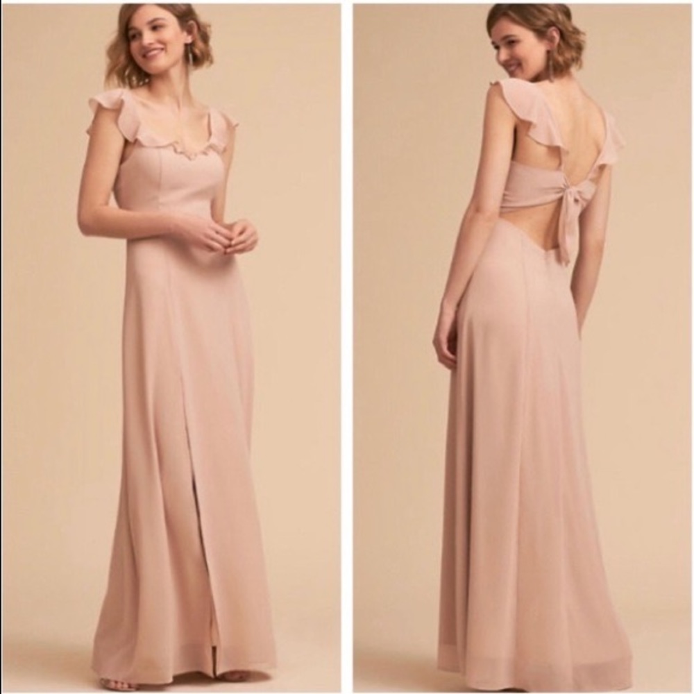 Anthro BHLDN Diana Ruflle Bow Tie Back Classic Chiffon Dress Blush MEDIUM